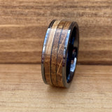BW James Jewelers Wedding Band "The Gentleman" Black Ceramic Ring With Reclaimed Whiskey Barrel Wood and Cigar Leaf