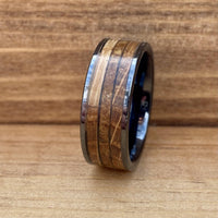 BW James Jewelers Wedding Band "The Gentleman" Black Ceramic Ring With Reclaimed Whiskey Barrel Wood and Cigar Leaf