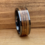 BW James Jewelers Wedding Band "The Gentleman" Black Ceramic Ring With Reclaimed Whiskey Barrel Wood and Cigar Leaf