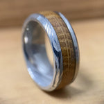 BW James Jewelers Wedding Band "The Rustic Warrior" Damascus Steel Design Ring With Wood From A Reclaimed Bourbon Whiskey Barrel