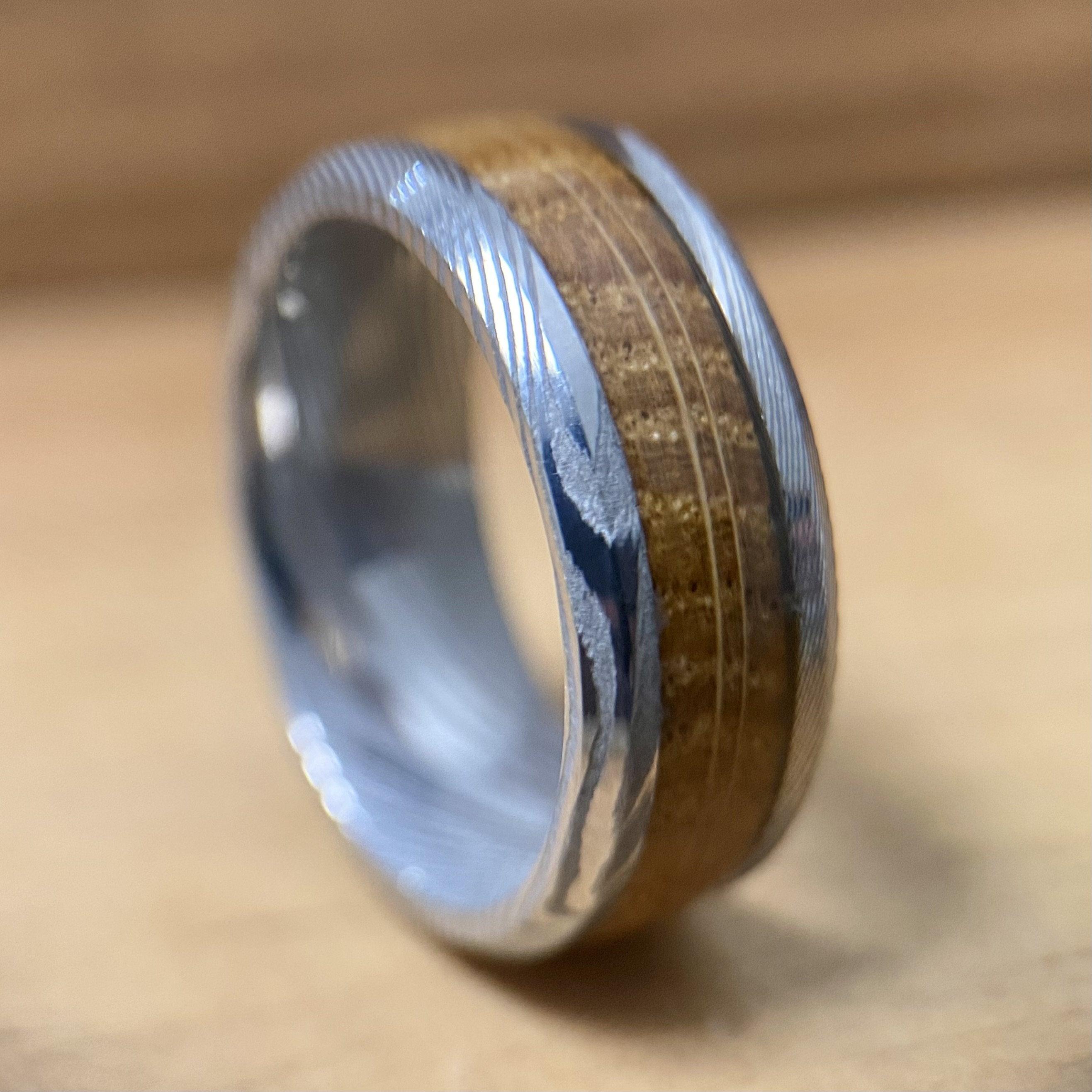BW James Jewelers Wedding Band "The Rustic Warrior" Damascus Steel Design Ring With Wood From A Reclaimed Bourbon Whiskey Barrel