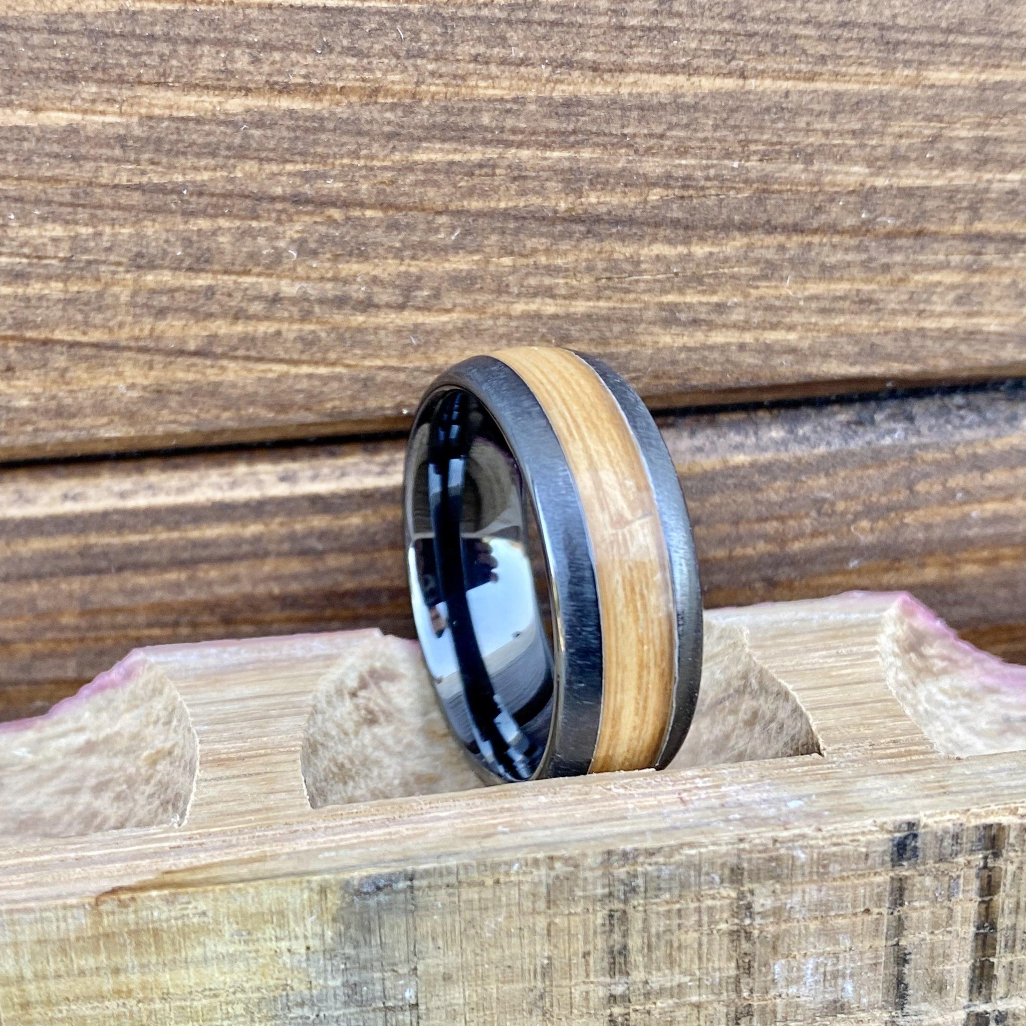 Barrel Aged ALT Wedding Band "The Fortune-Hunter" 100% USA Made Build Your Own Ring BLACK CERAMIC DOME Grain finish