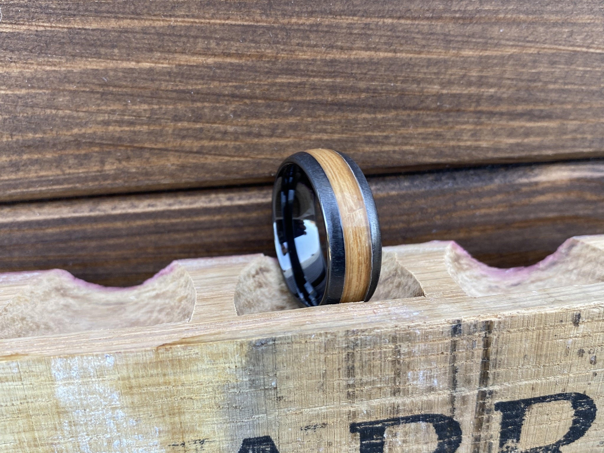 Barrel Aged ALT Wedding Band "The Fortune-Hunter" 100% USA Made Build Your Own Ring BLACK CERAMIC DOME Grain finish