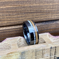 Barrel Aged ALT Wedding Band "The Huntsman" 100% USA Made Build Your Own Ring Black Diamond Ceramic Pipe Cut Band with Off-Center Wood Inlay, And Antler Inlay