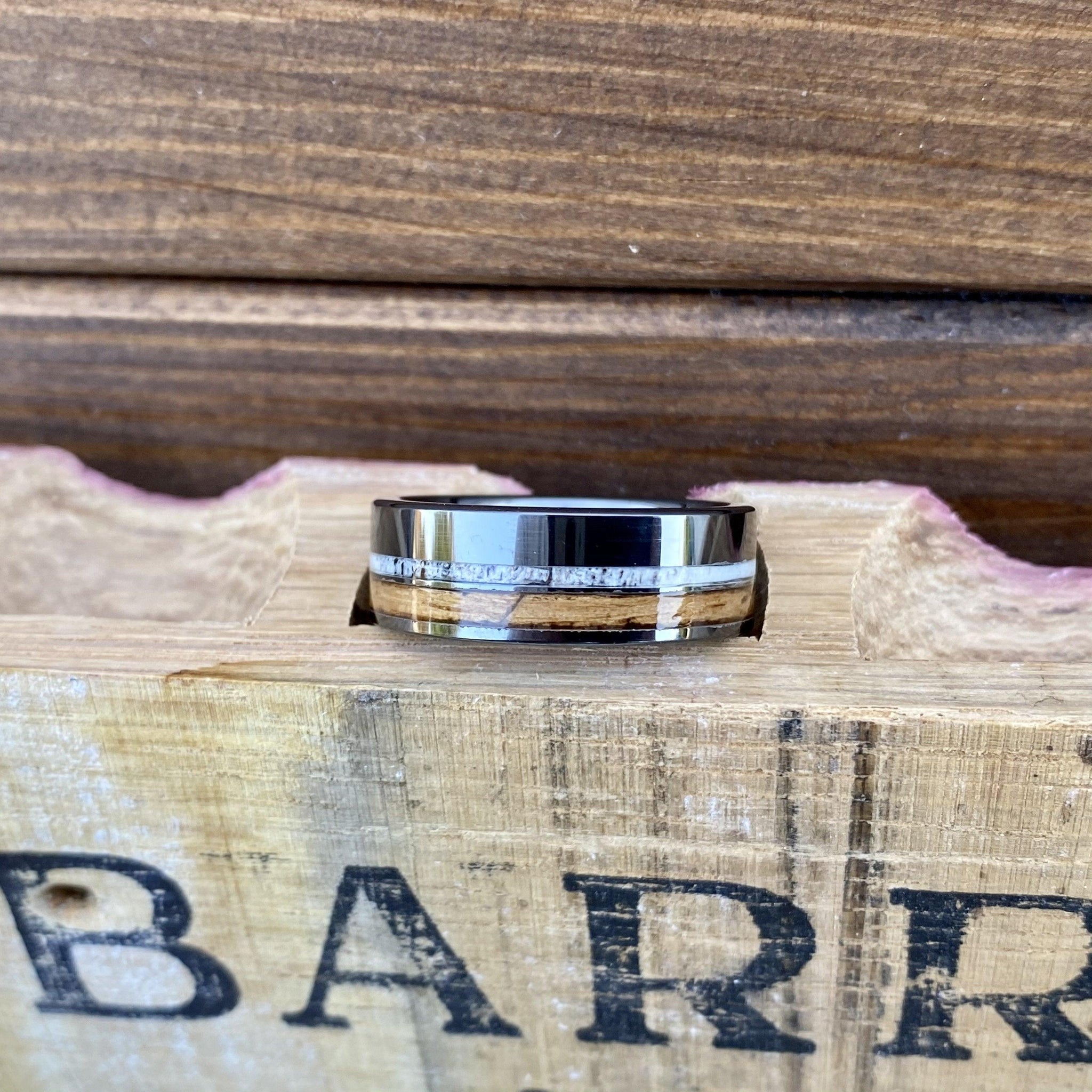 Barrel Aged ALT Wedding Band "The Huntsman" 100% USA Made Build Your Own Ring Black Diamond Ceramic Pipe Cut Band with Off-Center Wood Inlay, And Antler Inlay