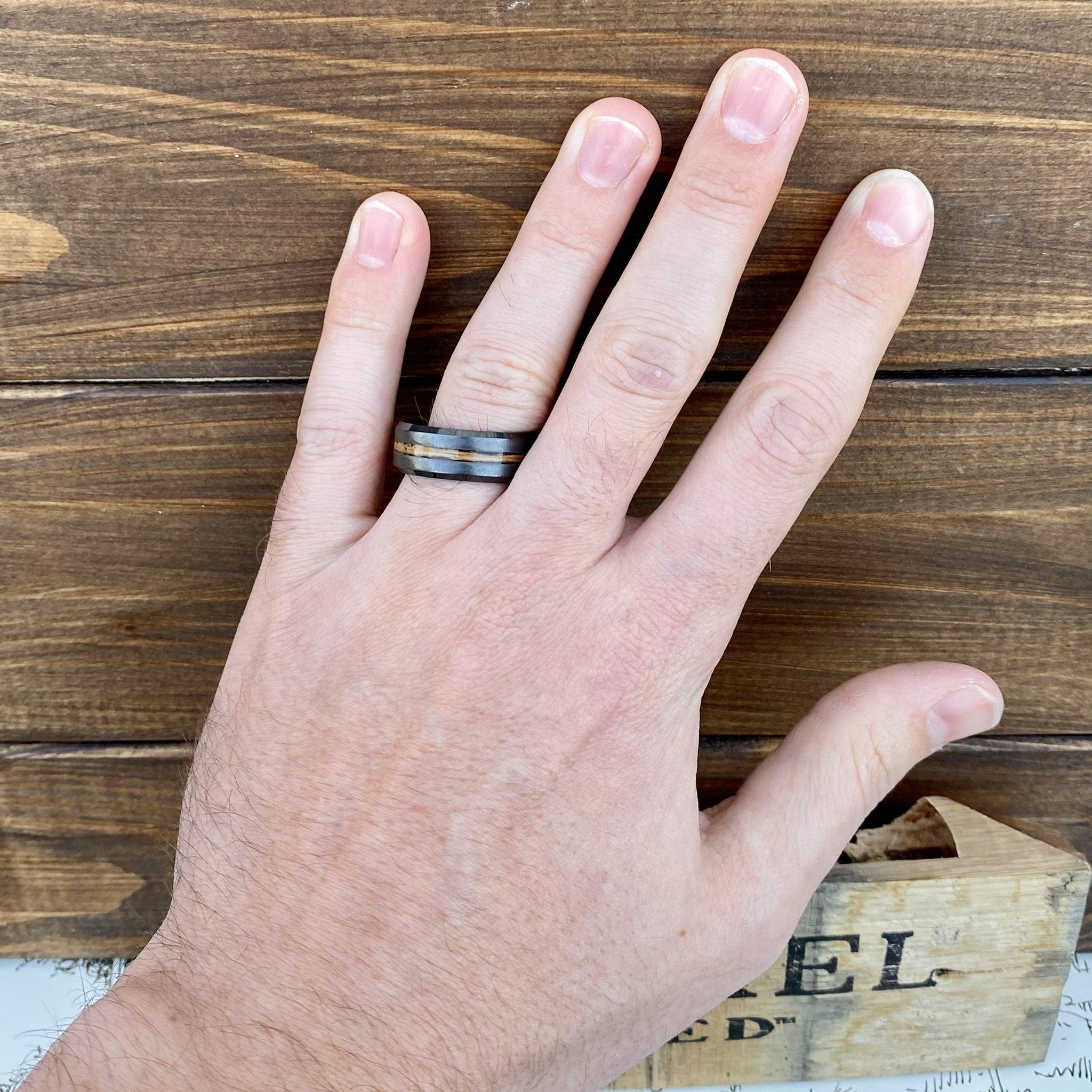 BW James Jewelers ALT Wedding Band "The Night Rider" 100% USA Made Build Your Ring Black Diamond Ceramic Beveled Edge Band With Grain Finish