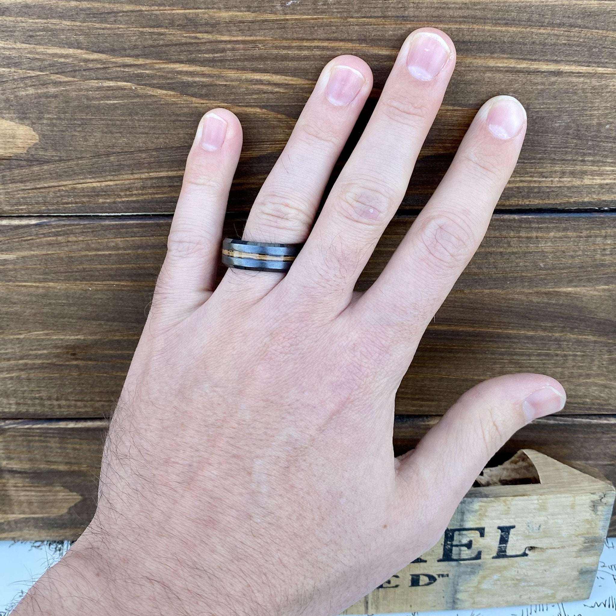 BW James Jewelers ALT Wedding Band "The Opportunist" 100% USA Made Build Your Own Ring Black Diamond Ceramic Beveled Edge Band with Grain Finish