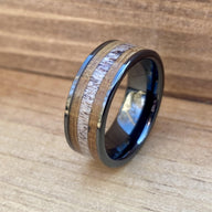 BW James Jewelers ALT Wedding Band "The Outdoorsman" Black Ceramic Ring With Deer Antler and Bourbon Whiskey Barrel Wood