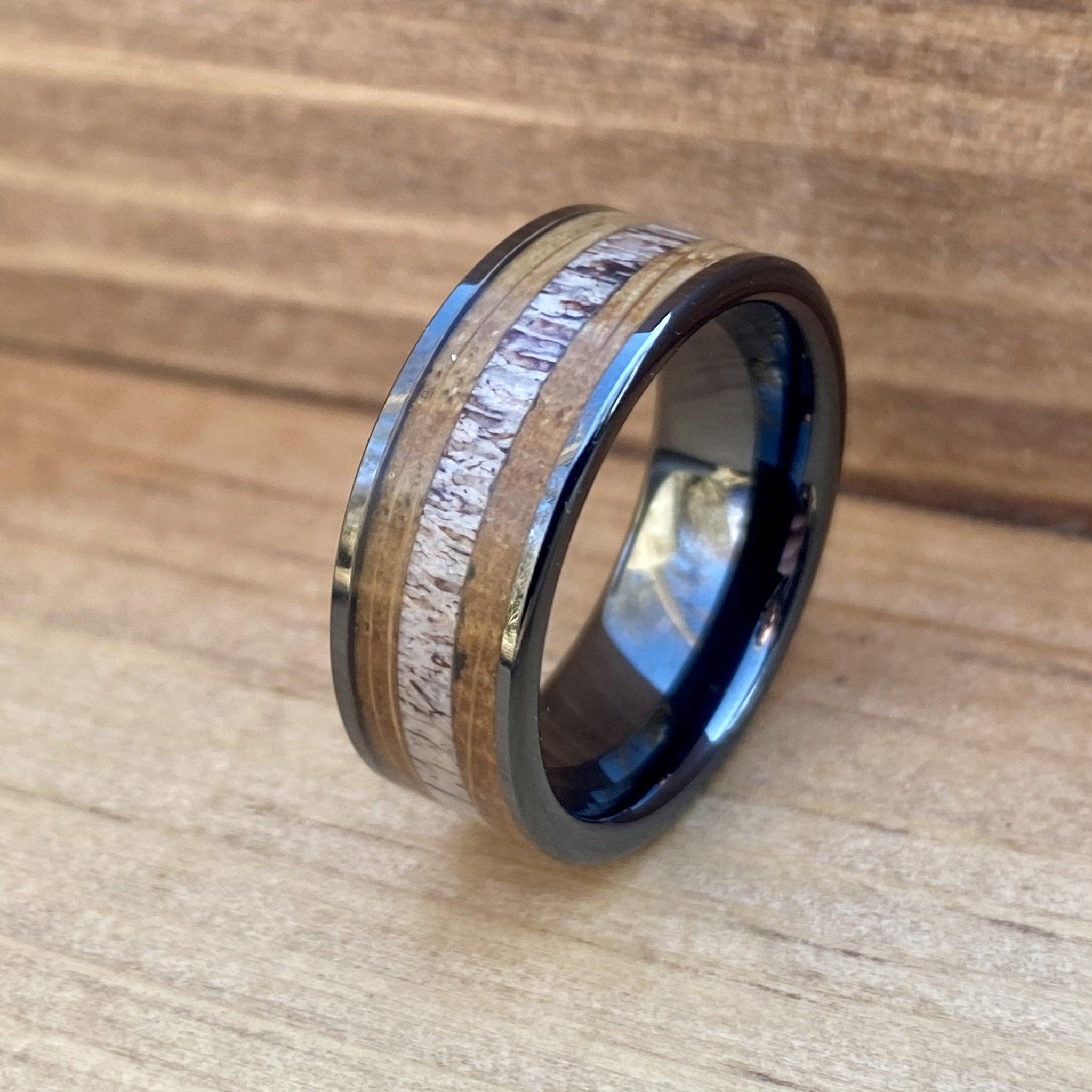 BW James Jewelers ALT Wedding Band "The Outdoorsman" Black Ceramic Ring With Deer Antler and Bourbon Whiskey Barrel Wood