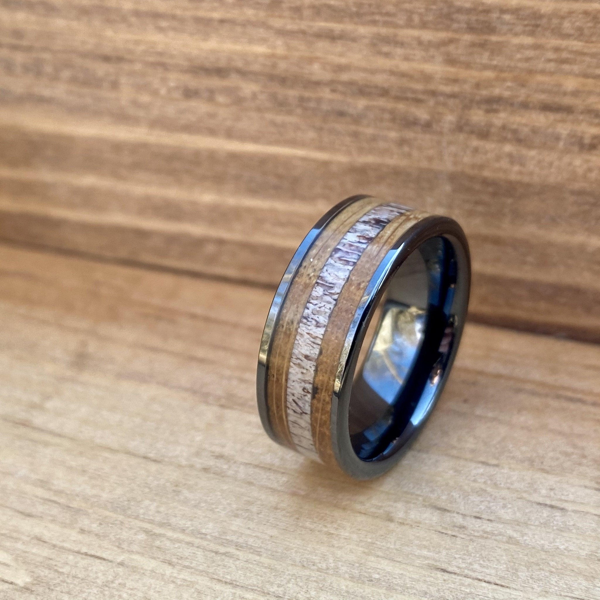BW James Jewelers ALT Wedding Band "The Outdoorsman" Black Ceramic Ring With Deer Antler and Bourbon Whiskey Barrel Wood