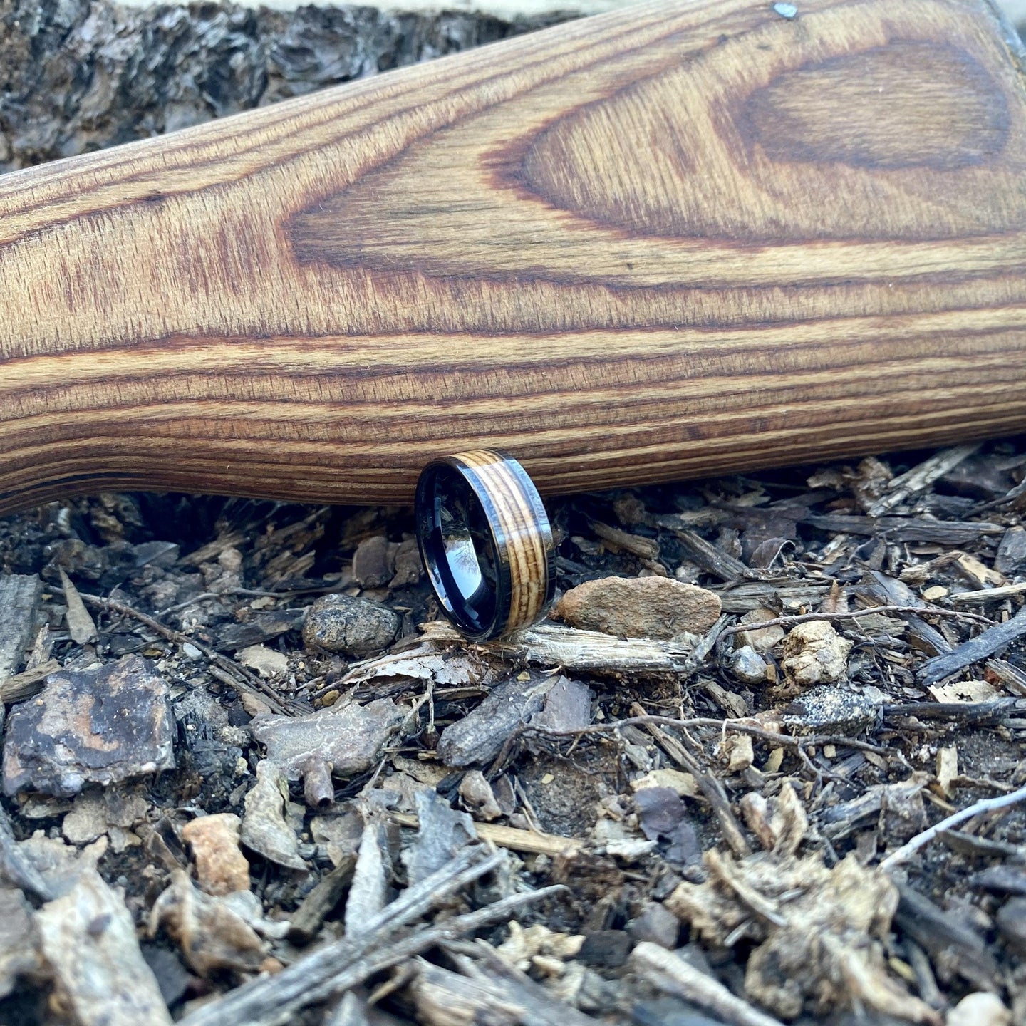BW James Jewelers ALT Wedding Band "The Warsaw" 100% USA Made Black Ceramic Ring With Wood From AK-47 Rifle