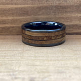 BW James Jewelers Wedding Band "The Gentleman" Black Ceramic Ring With Reclaimed Bourbon Barrel Wood and Cigar Leaf