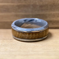 BW James Jewelers Wedding Band "The Rustic Warrior" Damascus Steel Design Ring With Wood From A Reclaimed Bourbon Whiskey Barrel