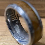 BW James Jewelers Wedding Band "The Rustic Warrior" Damascus Steel Design Ring With Wood From A Reclaimed Bourbon Whiskey Barrel