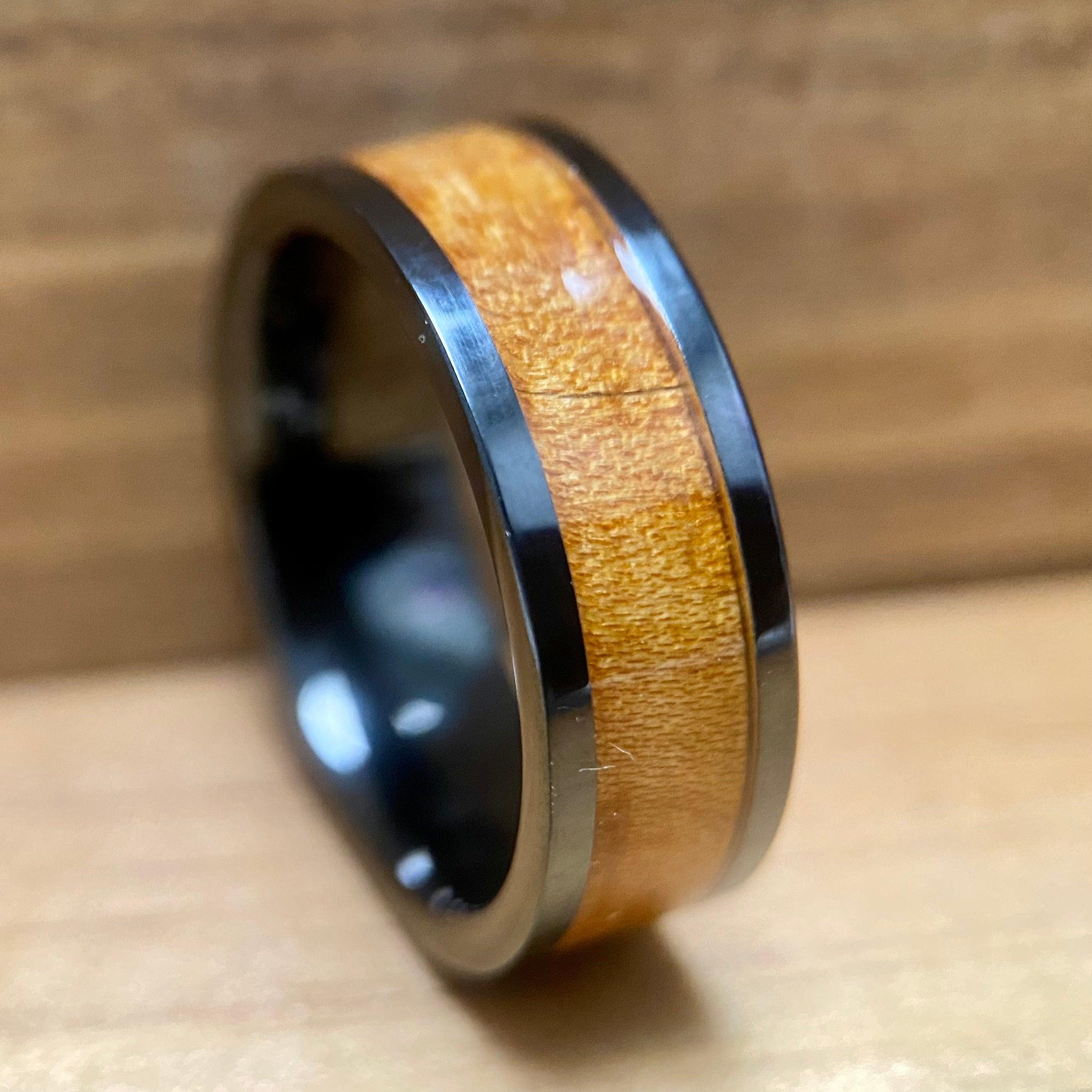 "The Franklin"100% USA Made Black Ceramic Ring With Wood From Ben Franklins Home ALT Wedding Band BW James Jewelers 
