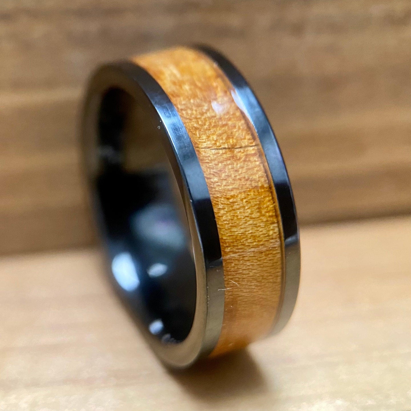 "The Franklin"100% USA Made Black Ceramic Ring With Wood From Ben Franklins Home ALT Wedding Band BW James Jewelers 