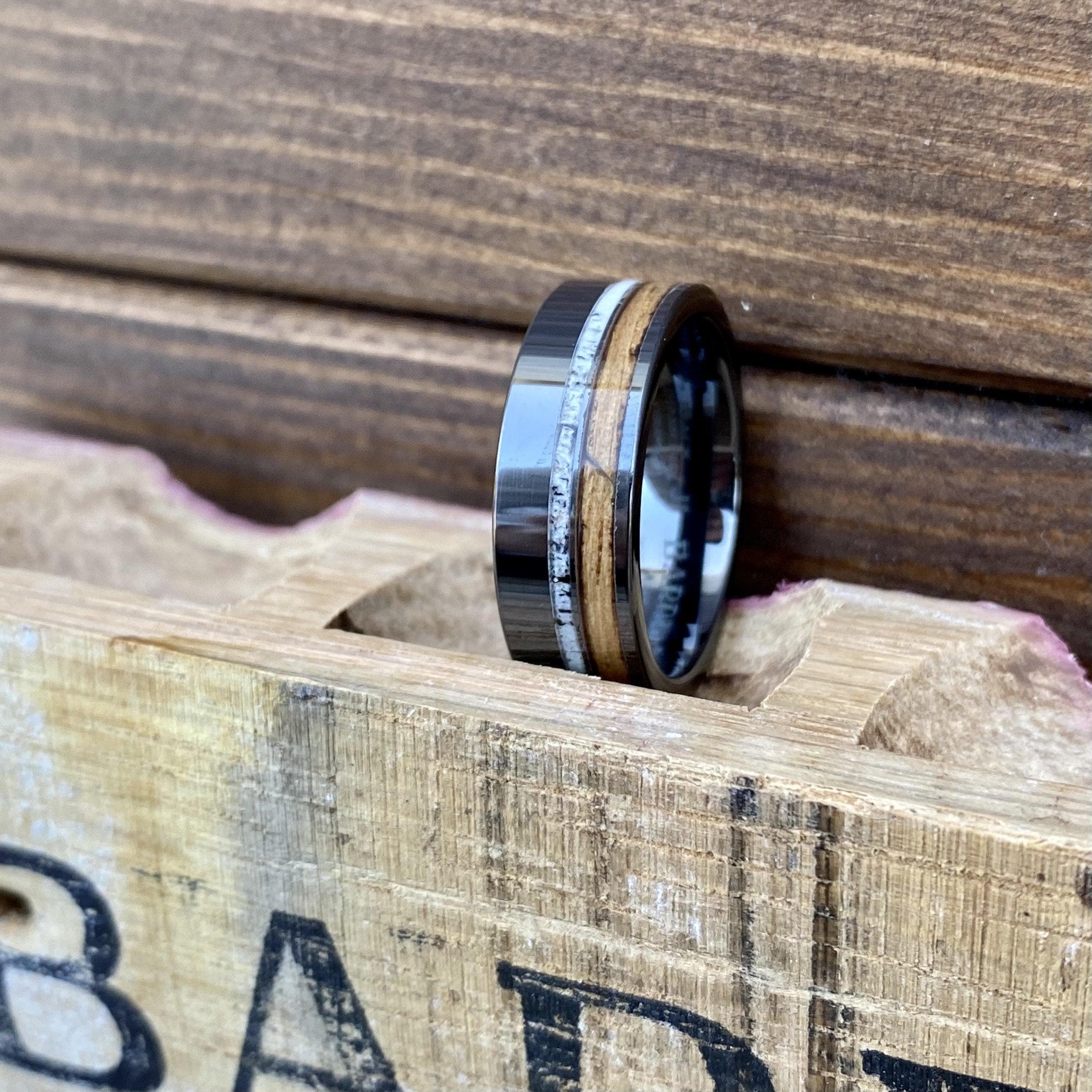 Barrel Aged ALT Wedding Band "The Huntsman" 100% USA Made Build Your Own Ring Black Diamond Ceramic Pipe Cut Band with Off-Center Wood Inlay, And Antler Inlay