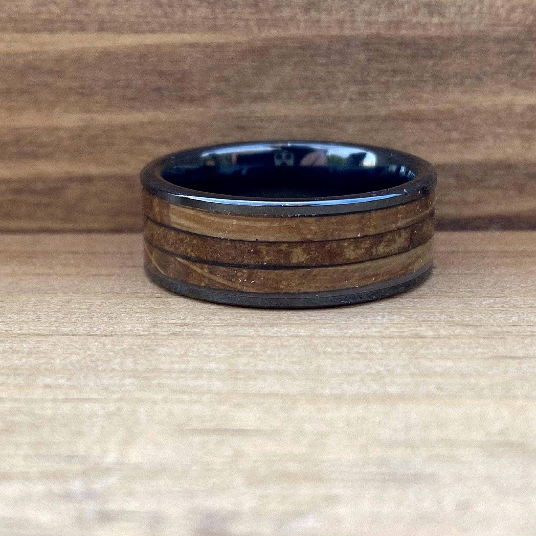 "The Gentleman" Black Ceramic Ring With Reclaimed Whiskey Barrel Wood and Tobacco Leaf Wedding Band BW James Jewelers 