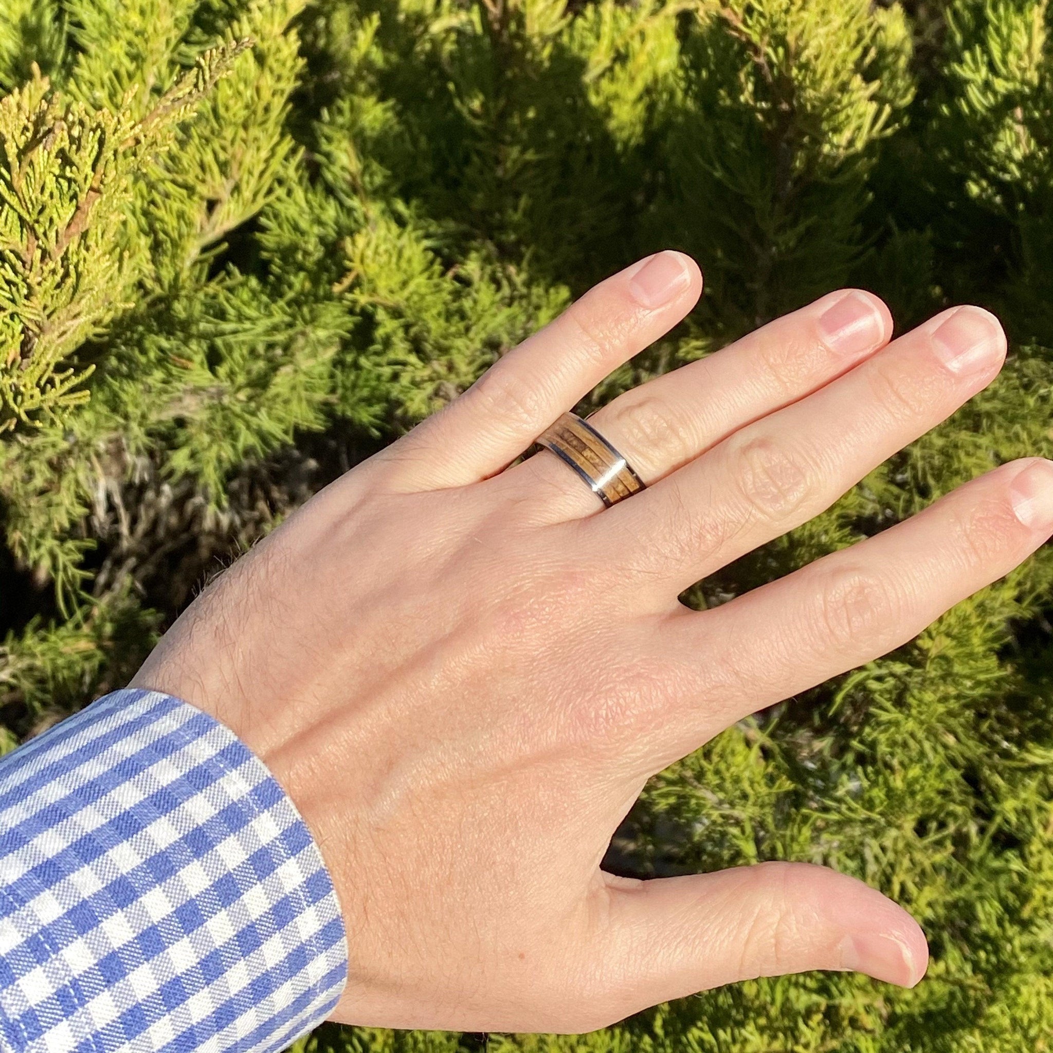 "The Gentleman" Black Ceramic Ring With Reclaimed Whiskey Barrel Wood and Tobacco Leaf Wedding Band BW James Jewelers 