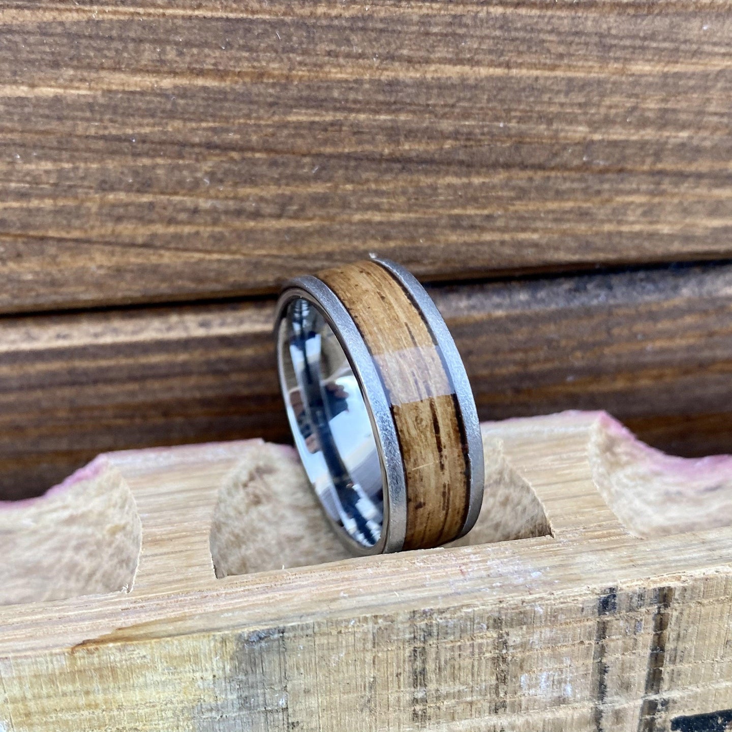 100% USA Made 8mm Rugged Tungsten Flat Band with Bourbon Barrel Aged Inlay and Stone Finish Barrel Aged 