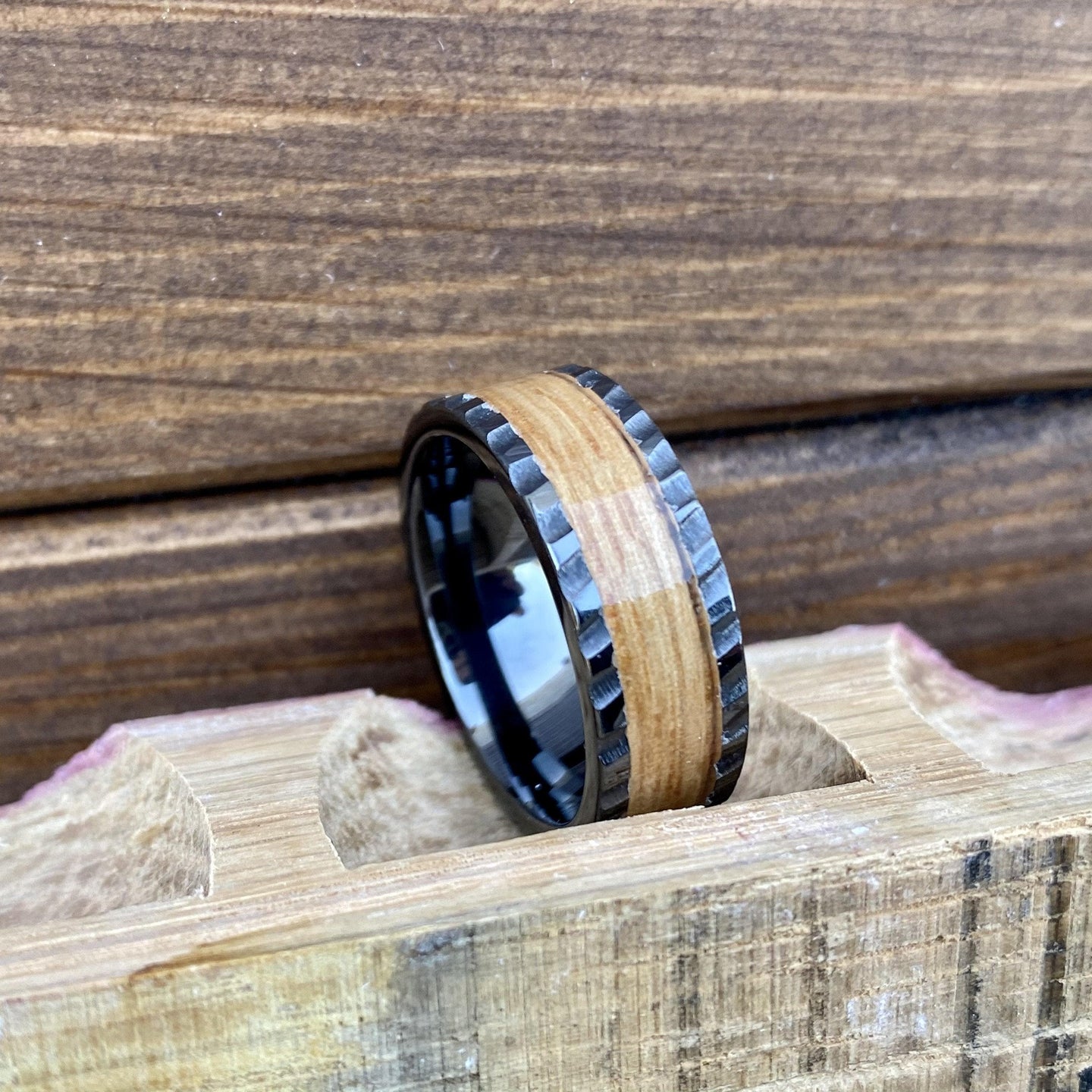 BW James Jewelers ALT Wedding Band "The Barrel Maker" 100% USA Made Build Your Own Ring Black Diamond Ceramic Pipe Cut Band Scored Finish