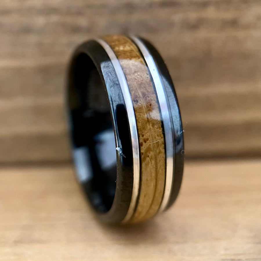 “The Ranger” Black Tungsten Ring With Bourbon Barrel And Real Sterling Silver Inlay ALT Wedding Band BW James Jewelers 
