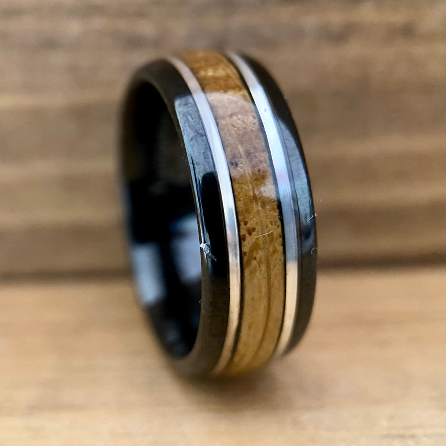 “The Ranger” Black Tungsten Ring With Bourbon Barrel And Real Sterling Silver Inlay ALT Wedding Band BW James Jewelers 
