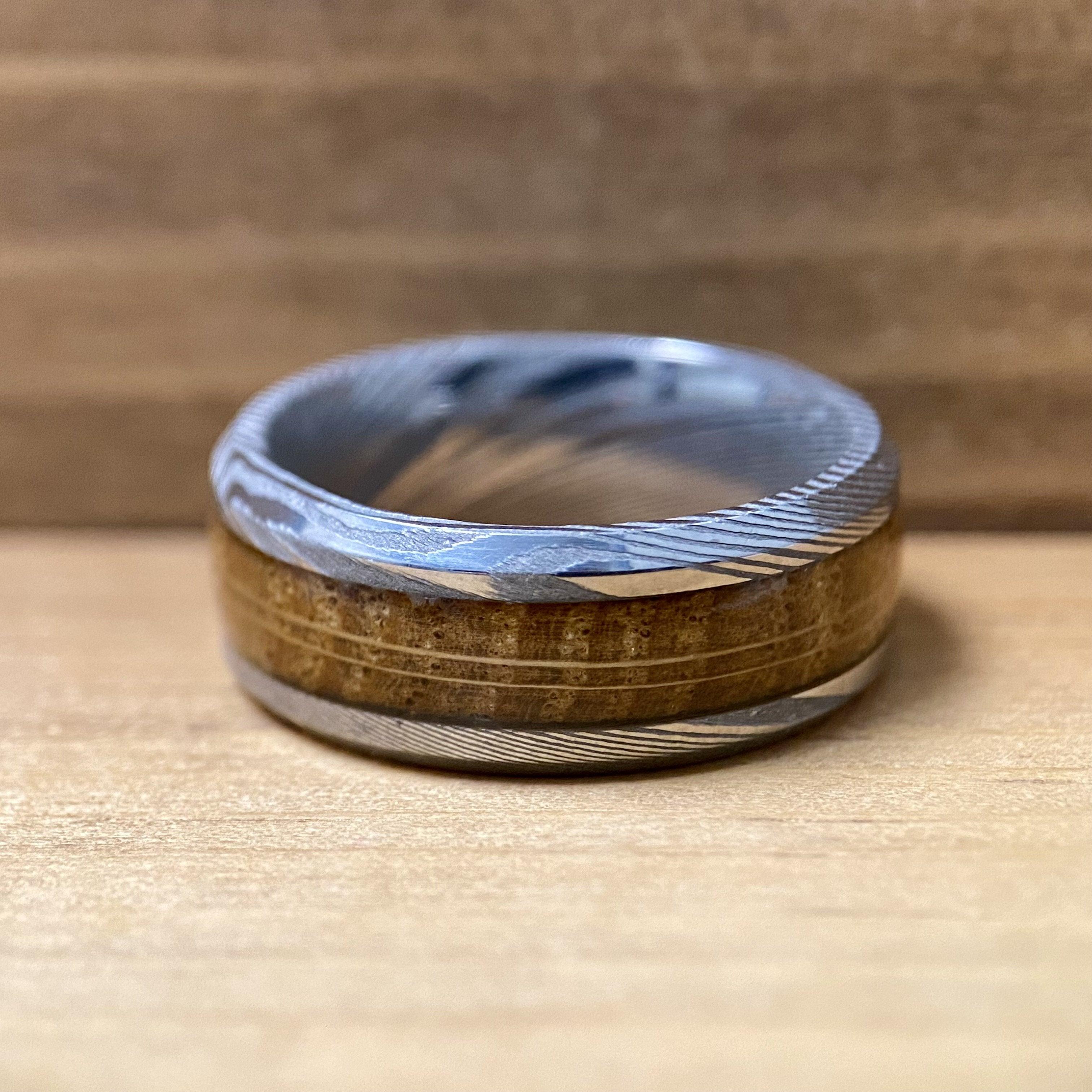 "The Rustic Warrior" Damascus Steel Design Ring With Wood From A Reclaimed Bourbon Whiskey Barrel Wedding Band BW James Jewelers 